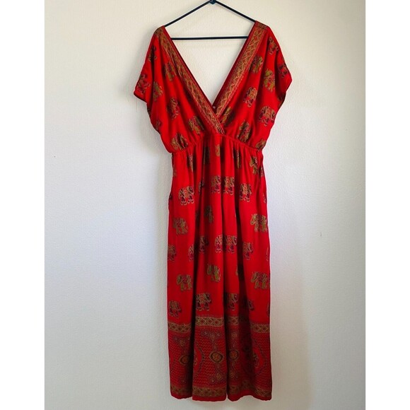 Lapogee Red Elephant Print Maxi Dress Boho V-Neck Maxi Dress Pockets Plus 3X - Picture 9 of 9
